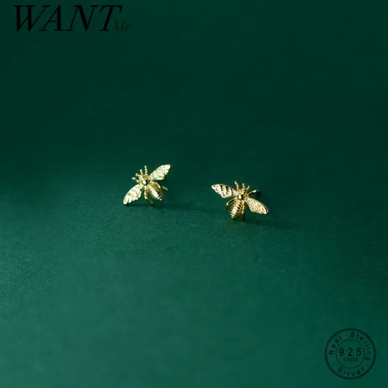 WANTME 925 Sterling Silver Cute Bee Small Stud Earrings for Women Personality Fashion Korean Insect Fine Jewelry Accessories