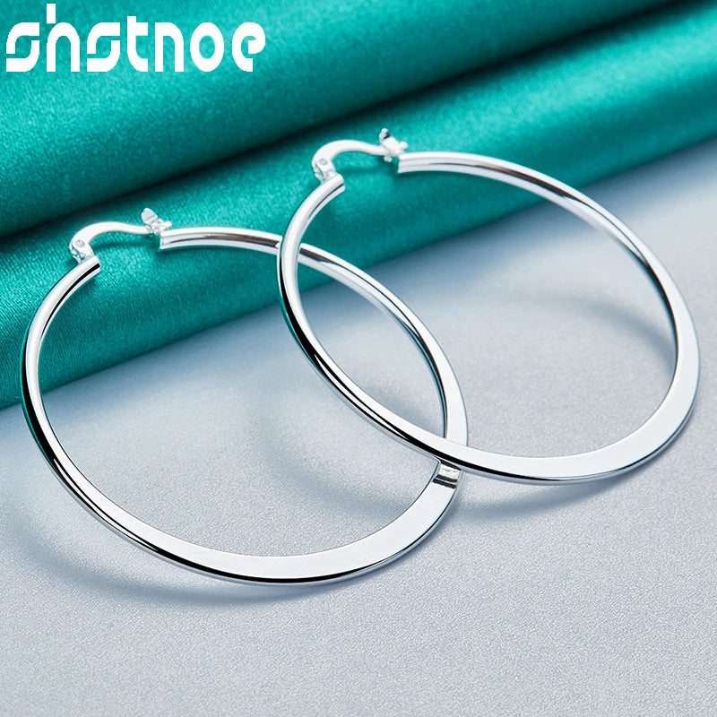 SHSTONE 925 Sterling Silver 55mm Smooth Round Hoop Earrings For Women Party Engagement Wedding Birthday Gift Fashion Jewelry